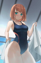 Rule 34 | 1girl, black one-piece swimsuit, braid, breasts, brown hair, commission, competition swimsuit, contrapposto, farka murenkamp, green eyes, highres, medium breasts, muv-luv, muv-luv alternative, one-piece swimsuit, pearlbbbb, schwarzesmarken, short hair, side braid, solo, swimsuit, towel, two-tone swimsuit