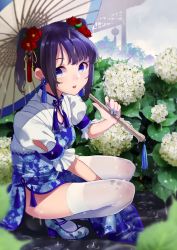 Rule 34 | 1girl, between legs, blue dress, blue footwear, blush, bush, china dress, chinese clothes, day, dress, earrings, floral print, flower, flower earrings, frilled sleeves, frills, from side, full body, hair flower, hair ornament, hand between legs, highres, holding, holding umbrella, hydrangea, jewelry, lantern, leaf, looking at viewer, looking to the side, nail polish, oil-paper umbrella, original, paper lantern, parted lips, pelvic curtain, puddle, puffy short sleeves, puffy sleeves, rain, red ribbon, retsuna, ribbon, shoes, short sleeves, short twintails, sidelocks, smile, solo, tareme, tassel, tassel earrings, thighhighs, twintails, umbrella, water, wet, wet clothes, white flower, white thighhighs