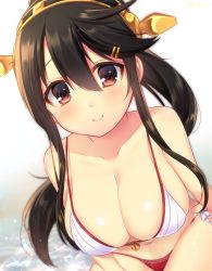 Rule 34 | 10s, 1girl, adapted costume, alternate hairstyle, bad id, bad pixiv id, bikini, black hair, blush, breasts, brown eyes, cleavage, closed mouth, collarbone, dutch angle, hair between eyes, hair ornament, hairband, hairclip, haruna (kancolle), highres, kantai collection, large breasts, long hair, looking at viewer, navy (navy.blue), ponytail, side-tie bikini bottom, smile, solo, sparkle, swimsuit, twitter username, water, white background