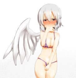 Rule 34 | 1girl, bikini, blush, body blush, braid, breasts, cleavage, collarbone, colored eyelashes, covering crotch, covering own mouth, covering privates, cowboy shot, french braid, full-face blush, furrowed brow, groin, hair between eyes, hand over own mouth, kishin sagume, legs together, looking at viewer, microphone, navel, open fly, purple bikini, red eyes, short hair, silver hair, simple background, solo, standing, stomach, sweatdrop, swimsuit, takorice, thighs, touhou, tsurime, unzipped, white background, zipper