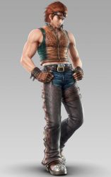 Rule 34 | 1boy, 3d, belt, belt buckle, boots, buckle, chain, chaps, cowboy western, fingerless gloves, frown, full body, gloves, goggles, goggles on head, grey background, hands on own hips, high collar, highres, hwoarang, hwoarang (tekken), jewelry, leather, looking at viewer, male focus, midriff, muscular, namco, necklace, official art, pendant, platform footwear, red hair, shadow, short hair, sideburns, simple background, sleeveless, solo, standing, tekken, tekken 3, tekken tag tournament, thigh strap, unfastened, vest, zipper