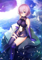 Rule 34 | 1girl, anklet, armor, bare shoulders, black gloves, blush, breasts, clothing cutout, elbow gloves, fate/grand order, fate (series), female focus, gloves, groin, hair over one eye, highres, jewelry, kouzuki tsubasa (musou kaidou), large breasts, legs, looking at viewer, mash kyrielight, navel, navel cutout, over-kneehighs, petals, pink hair, purple eyes, purple skirt, rock, short hair, sitting, skirt, soaking feet, solo, stomach, thighhighs, water