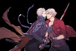 Rule 34 | 2boys, bad id, bad pixiv id, belt, black background, bleeding, blood, blood from mouth, blood on clothes, blood on face, bloody weapon, blue coat, blue eyes, blue shirt, capcom, coat, coattails, collarbone, dante (devil may cry), devil may cry (series), devil may cry 5, facial hair, fingerless gloves, gloves, hair slicked back, hand on blade, highres, holding, holding sheath, holding weapon, impaled, jacket, katana, krab (fumekrab), male focus, messy hair, multiple boys, red jacket, sheath, shirt, short hair, simple background, smile, stab, sword, torn clothes, vergil (devil may cry), weapon, white hair, yamato (sword)