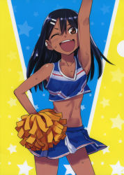 Rule 34 | 774 (nanashi), absurdres, arm up, black hair, blue background, blue skirt, brown eyes, cheerleader, earclip, fand, fang, hair ornament, hairclip, hand on own hip, highres, ijiranaide nagatoro-san, nagatoro hayase, open mouth, pom pom, simple background, skin fang, skirt, smile, standing, star (symbol), starry background, teeth, two-tone background, uniform, yellow background
