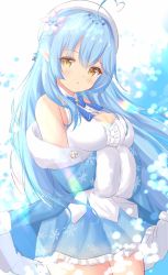 Rule 34 | 1girl, ahoge, bare shoulders, beret, blue flower, blue hair, blue skirt, blush, breasts, cleavage, cowboy shot, flower, fur trim, hair between eyes, hair flower, hair ornament, half updo, hat, heart, heart ahoge, highres, hololive, long hair, looking at viewer, medium breasts, open mouth, pointy ears, poncho poncho15, skirt, solo, thighs, virtual youtuber, white flower, yellow eyes, yukihana lamy