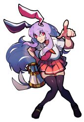 Rule 34 | 1girl, animal ears, black footwear, black thighhighs, breasts, highres, holding, holding weapon, iganashi1, knees together feet apart, large breasts, long hair, lunatic gun, pointing, pointing at viewer, purple hair, rabbit ears, red eyes, red skirt, reisen udongein inaba, shirt, short hair, skirt, thighhighs, touhou, weapon, white background, white shirt, zettai ryouiki