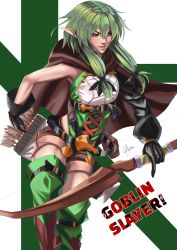Rule 34 | 10s, 1girl, arrow (projectile), belt, black gloves, blush, boots, bow, breasts, cape, elf, gloves, goblin slayer!, green eyes, green hair, hair between eyes, hair bow, high elf archer (goblin slayer!), kouichi09, long hair, parted lips, pointy ears, quiver, short hair with long locks, shorts, sidelocks, small breasts, solo, thigh boots, thighhighs, title, twintails