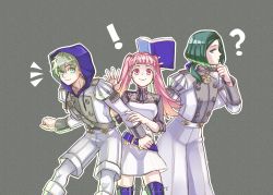 Rule 34 | 1girl, 2boys, alternate costume, ashe ubert, belt, blunt bangs, book, closed mouth, cowboy shot, fire emblem, fire emblem: three houses, garreg mach monastery uniform, green eyes, green hair, grey background, grey hair, hair between eyes, highres, hilda valentine goneril, holding, holding book, hood, hood up, larachelle, linhardt von hevring, long hair, long sleeves, looking at viewer, matching hair/eyes, multiple boys, nintendo, open book, pink eyes, pink hair, short hair, simple background, sleeves rolled up, smile, standing, thighhighs, twintails, twitter username, watermark