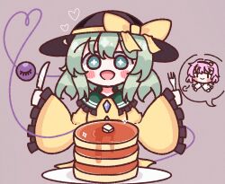 Rule 34 | + +, 1girl, :d, black headwear, blush, blush stickers, bow, butter, buttons, diamond button, food, fork, frilled shirt collar, frilled sleeves, frills, green eyes, green hair, hairband, hat, hat bow, heart, heart of string, highres, holding, holding fork, holding knife, knife, komeiji koishi, komeiji satori, light green hair, long sleeves, medium hair, open mouth, pancake, pancake stack, pink hair, plate, shirt, simple background, sleeves past wrists, smile, solo, syrup, t t, third eye, touhou, waroemon, yellow bow, yellow shirt