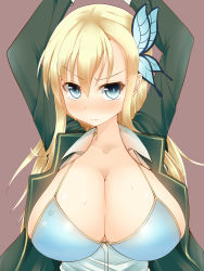 Rule 34 | 10s, 1girl, arms up, blonde hair, blue eyes, blush, boku wa tomodachi ga sukunai, breasts, butterfly hair ornament, cleavage, facominn, female focus, hair ornament, highres, huge breasts, kashiwazaki sena, large breasts, long hair, looking at viewer, open clothes, solo, tears