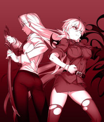 Rule 34 | 2girls, ass, back-to-back, belt, breast pocket, breasts, clenched hand, closed mouth, collared shirt, false arm, false limb, fang, fighting stance, glasses, gloves, hellsing, holding, holding sword, holding weapon, integra hellsing, kayama (fukayama), large breasts, long hair, low twintails, military, military uniform, miniskirt, monochrome, multiple girls, panties, pants, pantyshot, pocket, profile, rapier, red theme, seras victoria, shirt, short hair, skirt, standing, sword, taut clothes, taut shirt, thighhighs, torn clothes, torn legwear, twintails, underwear, uniform, v-shaped eyebrows, vampire, weapon, white panties
