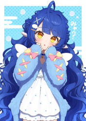 1girl absurdres ahoge amamiya_kokoro amamiya_kokoro_(6th_costume) bell blue_hair blush cardigan choker cloud_hair_ornament commentary_request hair_ornament highres long_hair looking_at_viewer lunch_boxer neck_bell nijisanji open_cardigan open_clothes pajamas parted_lips sleeves_past_wrists solo very_long_hair virtual_youtuber wavy_hair wings x_hair_ornament yellow_eyes