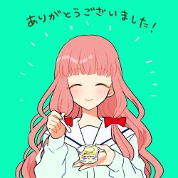 Rule 34 | 1girl, aqua background, bow, closed eyes, closed mouth, commentary request, drill hair, food, haagen-dazs, hair bow, holding, holding food, holding ice cream, holding spoon, ice cream, komadori kokoro, long hair, multiple hair bows, naoi mai, official art, pink hair, red bow, sailor collar, school uniform, smile, spoon, translation request, twin drills, very long hair, white sailor collar, yuri de naru esupowaru