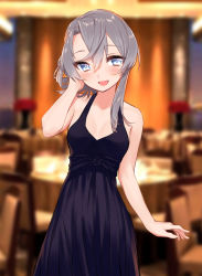 Rule 34 | 10s, 1girl, alternate costume, asymmetrical hair, bare arms, bare shoulders, blew andwhite, blurry, blush, breasts, depth of field, dress, grey eyes, grey hair, hand in own hair, highres, kantai collection, looking at viewer, nowaki (kancolle), open mouth, purple dress, sleeveless, sleeveless dress, smile, solo