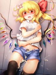 Rule 34 | 1girl, alternate costume, anger vein, black panties, black thighhighs, blonde hair, blush, camisole, commentary request, contemporary, cowboy shot, crystal, cum, cumdrip, denim, denim shorts, eyes visible through hair, facial, fangs, flandre scarlet, floor, from above, hair between eyes, hair ribbon, hand up, head tilt, highres, long hair, looking at viewer, lying, marukyuu ameya, midriff, nail polish, no headwear, nose blush, on back, one side up, open fly, open mouth, panties, pink nails, red eyes, red ribbon, ribbon, school uniform, see-through, shadow, shirt, short shorts, short sleeves, shorts, solo, thighhighs, thighs, touhou, translation request, unbuttoned, underwear, white shirt, wing collar, wings