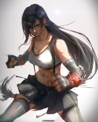 1girl absurdres bare_shoulders black_hair black_skirt breasts brown_hair clenched_hands crop_top earrings elbow_gloves elbow_pads fighting_stance final_fantasy final_fantasy_vii final_fantasy_vii_rebirth final_fantasy_vii_remake fingerless_gloves gloves highres jewelry large_breasts long_hair looking_at_viewer low-tied_long_hair midriff navel red_eyes shirt skirt solo stephengiannart suspender_skirt suspenders suspenders_gap tank_top taut_clothes taut_shirt teardrop_earrings tifa_lockhart white_tank_top