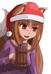 Rule 34 | 1girl, animal ears, beer mug, blush, brown hair, cup, dress, drunk, fang, hat, holo, long hair, mug, red eyes, santa hat, shark, solo, spice and wolf, sunimu, tail, transparent background, wolf ears, wolf tail