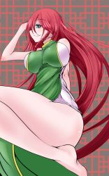 Rule 34 | 1girl, bare shoulders, braid, breasts, chinese clothes, green eyes, highres, hong meiling, large breasts, long hair, makurakabar, red hair, sleeveless, solo, thighs, touhou, twin braids, very long hair