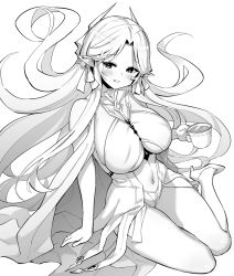 Rule 34 | 1girl, azur lane, azur lane: slow ahead, bare shoulders, breasts, brest (azur lane), cleavage, dress, greyscale, high heels, hori (hori no su), large breasts, monochrome, official art, open mouth, parted bangs, parted lips, sitting, smile, underboob