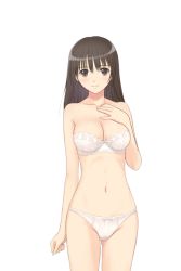 Rule 34 | 00s, 1girl, bare shoulders, black eyes, black hair, blush, bra, breasts, fault!!, game cg, large breasts, legs, long hair, looking at viewer, navel, panties, simple background, solo, standing, strapless, strapless bra, thighs, tony taka, underwear, white background, white bra, white panties