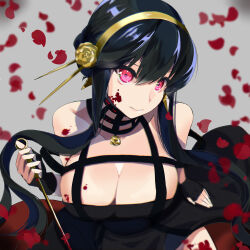 Rule 34 | 1girl, bare shoulders, black dress, black hair, blaze (blazeillust), blood, blood on face, breasts, cleavage, closed mouth, dress, earrings, flower, frown, hair bun, hairband, head tilt, holding, holding weapon, jewelry, large breasts, looking at viewer, petals, red eyes, red flower, red rose, rose, rose petals, short hair with long locks, sidelocks, solo, spy x family, weapon, yellow hairband, yor briar