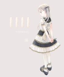 Rule 34 | 1girl, arms behind back, black eyes, black footwear, black ribbon, blush, collar, commentary request, dress, frilled collar, frills, full body, grey background, hair ribbon, highres, holding, kokudou juunigou, lolita fashion, long hair, looking at viewer, looking back, multicolored clothes, multicolored dress, original, pantyhose, personification, profile, puffy short sleeves, puffy sleeves, ribbon, see-through, shoes, short sleeves, silver hair, simple background, solo, standing, twintails, white pantyhose, white rollita