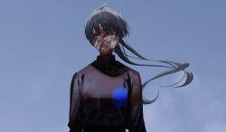 Rule 34 | 1girl, absurdres, amn ic01, black hair, black shirt, blood, blood on clothes, blood on face, blue background, blue shirt, blue sky, cloud nine inc, expressionless, grey eyes, highres, long hair, long sleeves, looking ahead, looking at viewer, official art, parted lips, ponytail, shirt, sky, solo, standing, upper body, very long hair, yoshino (utaite)