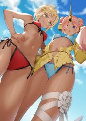 Rule 34 | 2girls, arm around waist, bikini, blonde hair, blue bikini, blue eyes, blue sky, breasts, commentary request, day, double bun, fate/grand order, fate (series), foreshortening, frankenstein&#039;s monster (fate), frankenstein&#039;s monster (swimsuit saber) (fate), frankenstein&#039;s monster (swimsuit saber) (first ascension) (fate), from below, front-tie bikini top, front-tie top, green eyes, hair bun, hair ornament, hair over one eye, hand on own hip, highres, horns, leg ribbon, looking at viewer, looking down, mordred (fate), mordred (fate) (all), mordred (fate/apocrypha), mordred (swimsuit rider) (fate), mordred (swimsuit rider) (first ascension) (fate), multiple girls, navel, outdoors, pink hair, ponytail, red bikini, ribbon, saruchitan, short hair, side-tie bikini bottom, single horn, skindentation, sky, sleeves past wrists, small breasts, swimsuit, tan