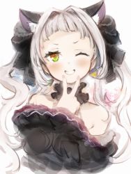 Rule 34 | 1girl, animal ear fluff, animal ears, bare shoulders, black choker, black dress, black ribbon, black sleeves, blunt bangs, blush, cat ears, choker, detached sleeves, dress, earrings, fingers to mouth, frilled choker, frilled dress, frills, gothic lolita, grin, hair ribbon, hand up, highres, hololive, jewelry, lolita fashion, long hair, murasaki shion, murasaki shion (gothic lolita), nanashi (nlo), off-shoulder dress, off shoulder, official alternate costume, one eye closed, open mouth, ribbon, short eyebrows, silver hair, simple background, smile, solo, triangle earrings, twintails, upper body, v, v-shaped eyebrows, virtual youtuber, white background, yellow eyes