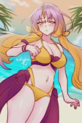 Rule 34 | 1girl, alternate costume, alternate hairstyle, beach, bikini, blonde hair, blush, breasts, cleavage, fire emblem, fire emblem heroes, gullveig (fire emblem), highres, large breasts, looking at viewer, medium breasts, multicolored hair, nintendo, ocean, orange hair, palm tree, rotomdocs, signature, solo, swimsuit, thick thighs, thighs, tree, twintails, wide hips
