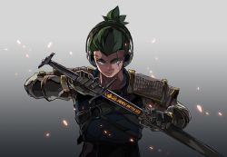 Rule 34 | 1boy, armor, brown gloves, closed mouth, embers, gear eyes, gloves, gradient background, green hair, hair slicked back, headphones, highres, holding, holding sword, holding weapon, male focus, original, pauldrons, ponytail, runes, scabbard, scar, scar on face, sheath, shoulder armor, solo, sword, teru by m, unsheathing, upper body, weapon