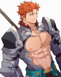 Rule 34 | 1boy, abs, alternate muscle size, armor, bara, bare pectorals, cross scar, fire emblem, fire emblem: three houses, highres, looking to the side, male focus, nintendo, nipples, pauldrons, pectorals, polearm behind back, red hair, satodee, scar, scar on stomach, short hair, shoulder armor, solo, sparse chest hair, sparse navel hair, sylvain jose gautier, upper body