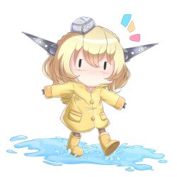 Rule 34 | 1girl, blonde hair, boots, chibi, colorado (kancolle), garrison cap, hat, highres, kantai collection, mast, no mouth, puddle, raincoat, riretsuto, rubber boots, short hair, simple background, solid eyes, walking, walking on liquid, yellow footwear, yellow raincoat, | |