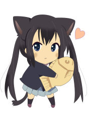 Rule 34 | 1girl, absurdres, animal ears, black hair, blue eyes, blush, cat ears, cat tail, chibi, grey skirt, heart, highres, k-on!, looking at viewer, miniskirt, nakano azusa, open mouth, pleated skirt, school uniform, sidelocks, simple background, skirt, solo, tail, the regulater, thighhighs, white background, zettai ryouiki