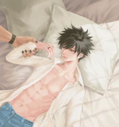 Rule 34 | 2boys, abs, absurdres, black hair, black nails, blue pants, couple, denim, fushiguro megumi, green eyes, hair between eyes, highres, holding another&#039;s wrist, indoors, jeans, jewelry, jujutsu kaisen, looking at another, lying, madlynn li, male focus, multiple boys, nail polish, navel, nipples, on bed, open clothes, open shirt, pants, pillow, ring, ryoumen sukuna (jujutsu kaisen), short hair, smile, spiked hair, yaoi