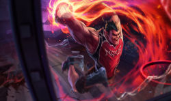 Rule 34 | 1boy, alternate costume, arm tattoo, armpits, ball, basket, basketball, basketball (object), basketball jersey, basketball uniform, biceps, darius (league of legends), dunkmaster darius, fantasy, fire, flaming hand, highres, hugenfast, league of legends, male focus, manly, mature male, muscular, muscular male, official art, outdoors, screaming, shoes, short hair, shorts, sky, snickers (brand), spiked hair, sportswear, stadium, tattoo, teeth, thick arms, thick eyebrows, tongue