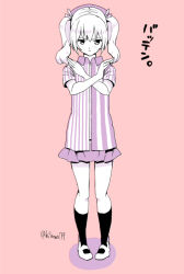 Rule 34 | 10s, 1girl, beret, crossed arms, employee uniform, female focus, frown, full body, hair ribbon, hat, hikawa79, kantai collection, kashima (kancolle), lawson, limited palette, monochrome, pink background, pleated skirt, ribbon, shirt, short sleeves, skirt, solo, striped clothes, striped shirt, text focus, translation request, twintails, twitter username, uniform, vertical-striped clothes, vertical-striped shirt, x arms