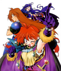 Rule 34 | 1990s (style), 1boy, 2girls, :d, araizumi rui, armor, armpits, belt, bikini, blue hair, blush, breasts, brown hair, cape, circlet, cleavage, crossed arms, earrings, fur trim, gloves, gourry gabriev, green eyes, headband, jewelry, large breasts, lina inverse, long hair, looking at viewer, multiple girls, naga the serpent, necklace, official art, one eye closed, open mouth, outstretched arm, pauldrons, pointing, profile, red eyes, retro artstyle, shoulder armor, simple background, slayers, small breasts, smile, swimsuit, sword, very long hair, weapon, white background