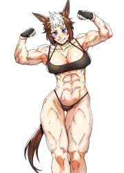 Rule 34 | 1girl, abs, alternate costume, animal ears, black gloves, black panties, black sports bra, breasts, brown hair, cleavage, collarbone, commentary, ear ornament, ear piercing, feet out of frame, fingerless gloves, flexing, gloves, grin, hair between eyes, highres, horse ears, horse girl, horse tail, large breasts, looking at viewer, mejiro ryan (umamusume), minew, multicolored hair, muscular, muscular female, panties, piercing, purple eyes, short hair, simple background, smile, solo, sports bra, streaked hair, sweat, tail, thigh gap, thighs, umamusume, underwear, white background, white hair