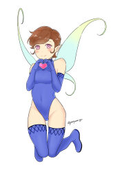 Rule 34 | 1girl, breasts, brown hair, closed mouth, covered navel, elbow gloves, fairy, fairy wings, full body, gloves, highres, leotard, looking at viewer, medium breasts, pixie (megami tensei), pointy ears, shin megami tensei, short hair, simple background, smile, solo, thighhighs, white background, wings, yellow eyes, yumiyumi1105