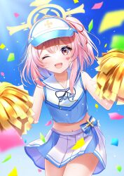 Rule 34 | 1girl, alternate costume, blue archive, blue shirt, blue skirt, blue sky, blush, cheerleader, collarbone, commentary request, confetti, cowboy shot, crop top, halo, hands up, hat, highres, lens flare, looking at viewer, medium hair, midriff, miniskirt, navel, one eye closed, one side up, open mouth, pink eyes, pink hair, pleated skirt, pom pom (cheerleading), ribbon, serina (blue archive), shirt, skirt, sky, sleeveless, sleeveless shirt, smile, solo, standing, visor cap, wabi chazuke, white skirt