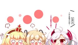 Rule 34 | 3girls, absurdres, ahoge, amazon (azur lane), antenna hair, azur lane, black hairband, blonde hair, blush, bow, crown, fang, hairband, hand up, hands up, headgear, highres, kurukurumagical, light brown hair, mini crown, multicolored hair, multiple girls, o o, open mouth, parted lips, prinz eugen (azur lane), queen elizabeth (azur lane), red eyes, red hair, silver hair, streaked hair, translation request, two side up, v-shaped eyebrows, white background, white bow