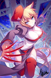 Rule 34 | 1girl, animal ears, blonde hair, bloodline, blue eyes, blue sky, boots, breasts, character request, cloud, hat, highres, iotower, jewelry, large breasts, looking at viewer, necklace, panties, pelvic curtain, puffy sleeves, red footwear, red thighhighs, short hair, sky, solo, tagme, thigh boots, thighhighs, tower, underwear, white panties