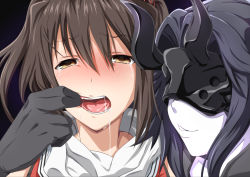 Rule 34 | 2girls, abyssal ship, blush, drooling, finger in another&#039;s mouth, horns, kantai collection, light cruiser princess, long hair, mask, moroheiya (moroheiya-works), multiple girls, open mouth, pale skin, scarf, sendai (kancolle), sendai kai ni (kancolle), smile, tears, two side up, white scarf