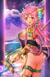 Rule 34 | 1girl, ass, bad id, bad pixiv id, bangle, blush, bracelet, breasts, cloud, covered erect nipples, earrings, gold, imhotep (guardian knights), jewelry, long hair, looking at viewer, looking back, lots of jewelry, meiyaku no guardian knights, night, no bra, open mouth, orange eyes, pink hair, pyramid (structure), revealing clothes, river, sideboob, sky, solo, staff, star (sky), starry sky, tears, thong, yellow eyes, yukiko013