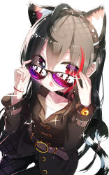 Rule 34 | 1girl, adjusting eyewear, ahoge, animal ears, bell, belt, belt collar, black eyes, black hair, black pants, bright pupils, cat ears, cat tail, collar, hands up, highres, jingle bell, multicolored hair, open mouth, original, pants, qys3, red hair, simple background, solo, sparkle, streaked hair, sunglasses, tail, white background, wristband
