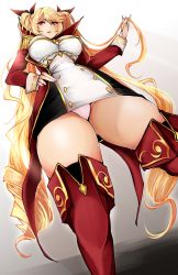 Rule 34 | 1girl, absurdres, agetama, azur lane, blonde hair, boots, breasts, drill hair, epaulettes, from below, hand on own hip, highres, large breasts, long hair, looking at viewer, nelson (azur lane), open mouth, panties, pantyshot, red eyes, solo, standing, teeth, thigh boots, thighhighs, twintails, underwear, very long hair, white panties