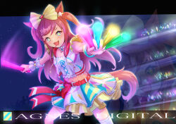 Rule 34 | 1girl, agnes digital (umamusume), animal ears, arm up, asymmetrical legwear, bead necklace, beads, belt, blue eyes, blush, bow, character name, commentary request, cowboy shot, crop top, dated, drooling, glowstick, grey background, hair bow, hand up, holding, holding glowstick, horse ears, horse girl, horse tail, jewelry, layered skirt, letterboxed, long hair, looking at viewer, loose socks, mouth drool, navel, necklace, open mouth, outstretched arm, peteron, pink hair, shoes, single sock, single thighhigh, skirt, sleeveless, sleeveless jacket, smile, socks, solo, star (symbol), tail, thighhighs, twitter username, two side up, umamusume, uneven legwear, zoom layer