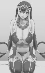 Rule 34 | 1girl, bead necklace, beads, bikini, blush, breasts, cleavage, collarbone, earrings, fate/grand order, fate (series), gonoike biwa, greyscale, hair between eyes, heavy breathing, hoop earrings, huge breasts, jewelry, kneeling, long hair, looking at viewer, monochrome, navel, necklace, open mouth, prayer beads, smile, solo, sweat, swimsuit, very long hair, xuangzang sanzang (fate)