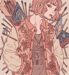 Rule 34 | 1girl, brown eyes, ear piercing, earrings, fire, fire, hands in pockets, highres, jacket, jewelry, matchbox, matches, muted color, open clothes, open jacket, orange hair, original, piercing, short hair, solo, upper body, yuusei tsukiro